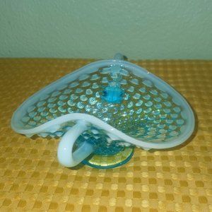 Vintage Fenton Hobnail Blue Opalescent Dish with Two Handles